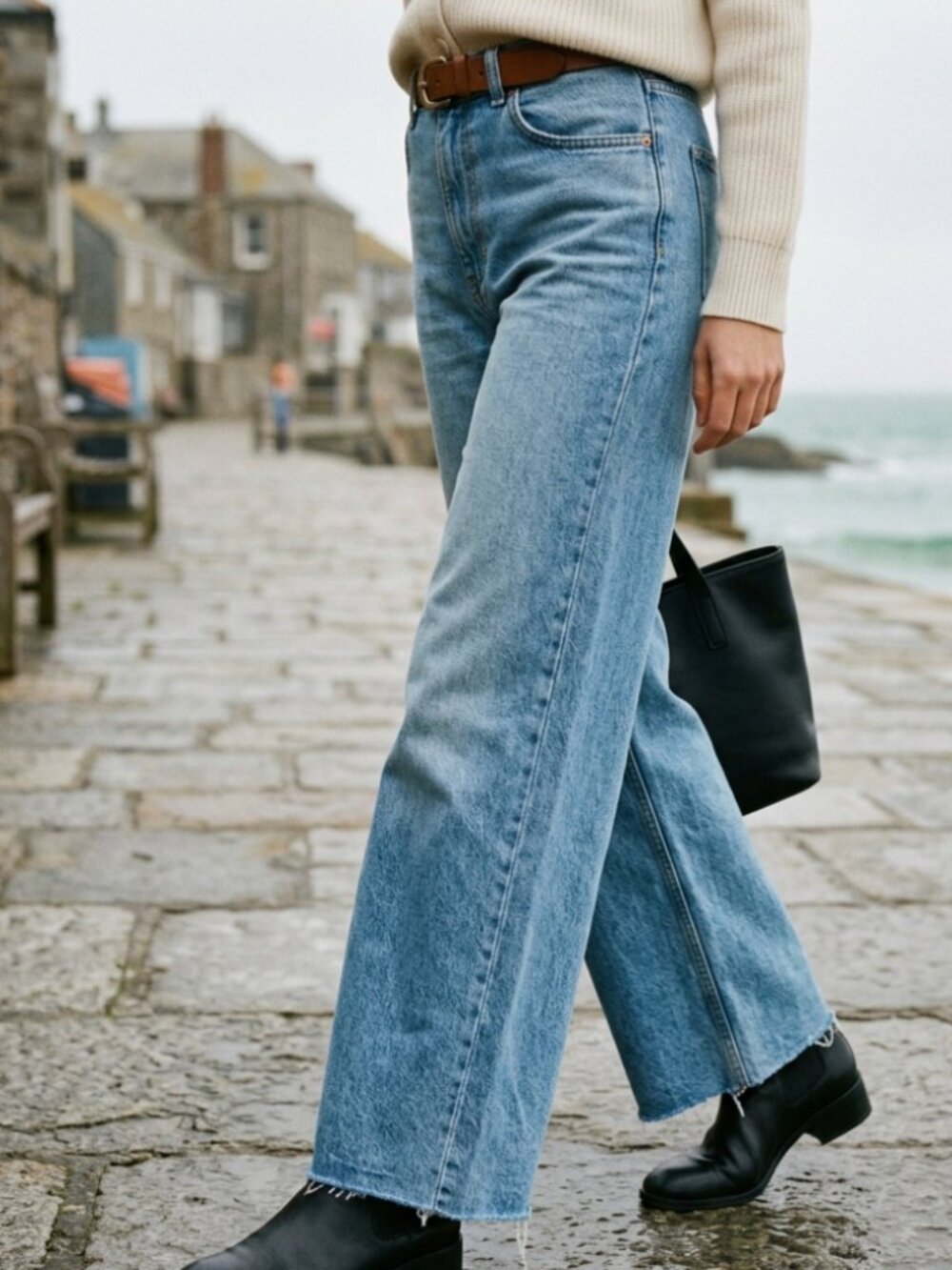Zara High Waisted Wide Leg Jeans Coastal Minimalist Raw Hem 12
